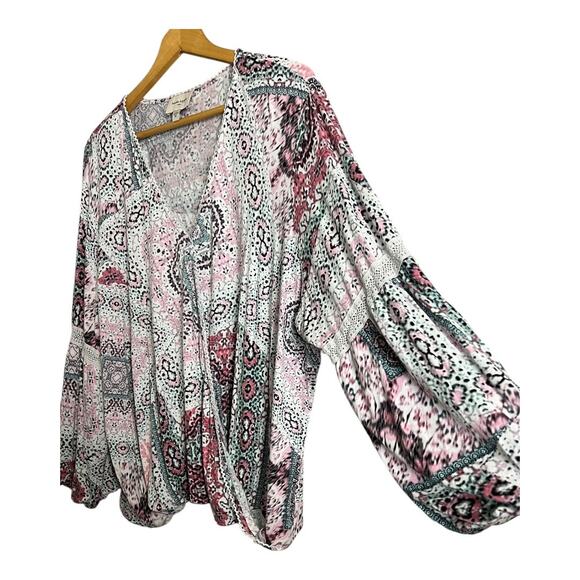 Haute Hippie Tribe Floral Surplice V-Neck Blouse Pink Women's 3X Boho Festival - Picture 5 of 8